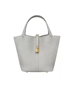 Picotin Lock 22 in Cement (8L) with Gold Hardware, Clemence Calfskin Women's Bucket Bag