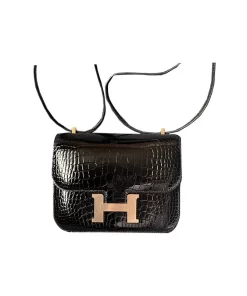 Constance 19 Mini in Noir with Rose Gold Hardware, Shiny Porosus Crocodile Women's Crossbody Bag