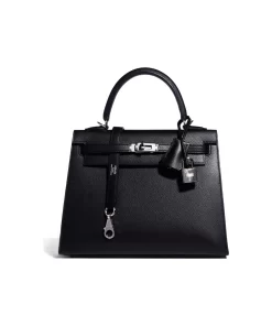 Kelly 25 Black Epsom Leather Women's Top Handle Bag with Palladium Hardware