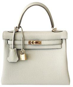 Kelly Bag in Glacier White with Gold Hardware, Women's Top Handle Bag in Calfskin