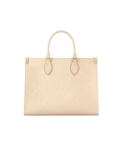 ONTHEGO MM Tote Bag in Embossed Grained Calfskin with Detachable and Adjustable Strap, Jungle Collection, Women's Medium, Cream