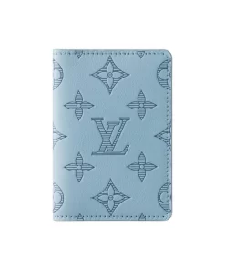 Pocket Organizer in Embossed Calfskin with Printed Flip Closure, Men's Regular Size, Sky Blue
