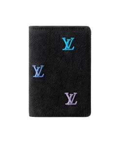 Blason Denim Bi-Fold Card Holder in Embroidered Monogram Denim, Men's Ombré Blue