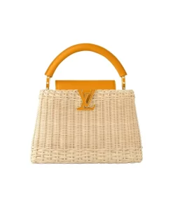 Capucines BB Bag in Woven Leather with Monogram Emblem and Detachable Adjustable Strap, Natural & Orange, Small Women's Shoulder Crossbody Top Handle