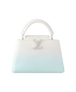 Capucines BB Detachable and Adjustable Strap with Monogram Emblem Grained Calfskin Capucines Shoulder Crossbody Top Handle Bag Small White and Blue Women's Bag