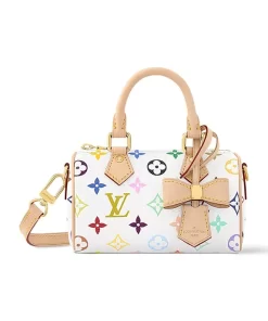 Takashi Murakami Nano Speedy Multicolor Monogram Bag - White & Beige Coated Canvas with Leather Trim (Women's)