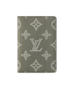 Organizer de Poche Card Holder in Calfskin with Embossed Logo, Men's Olive Green