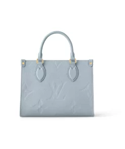 ONTHEGO PM Monogram Giant Embossed Tote Bag in Grained Calfskin with Hook Closure, Jungle Collection, Women's Small, Light Blue